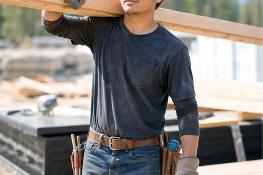 A helper carrying lumber at sunrise