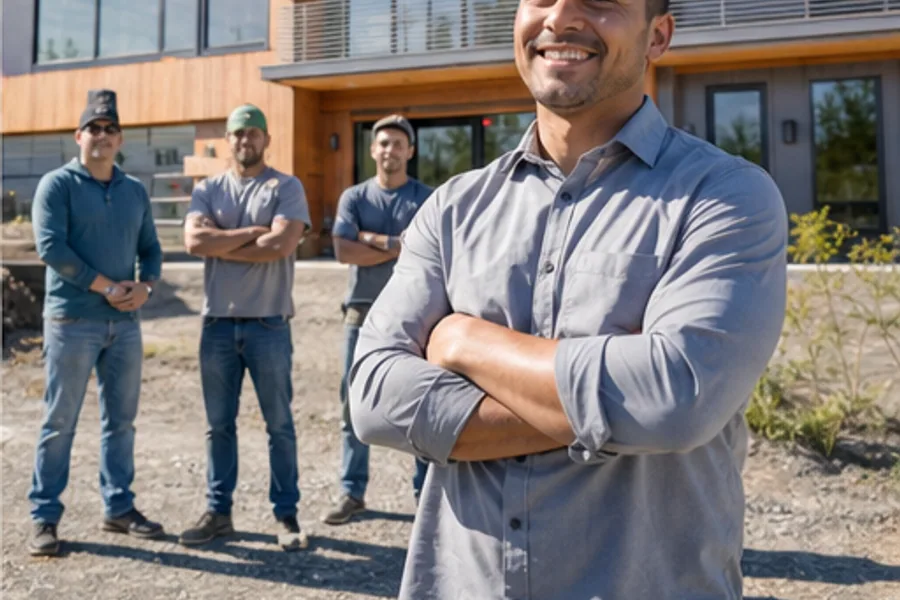 A contractor outside a finished build