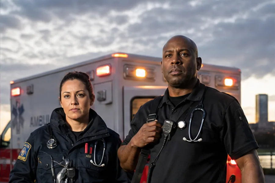 An ambulance at dusk, doors open