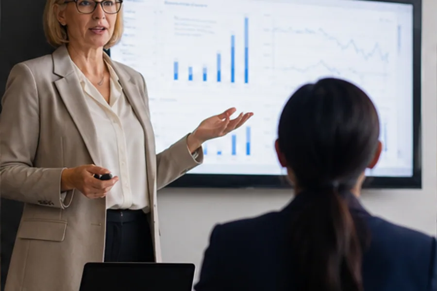A senior analyst at a review meeting