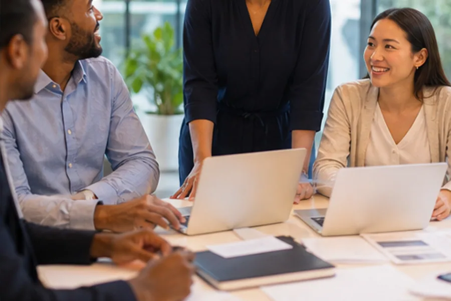 A finance manager leading a huddle