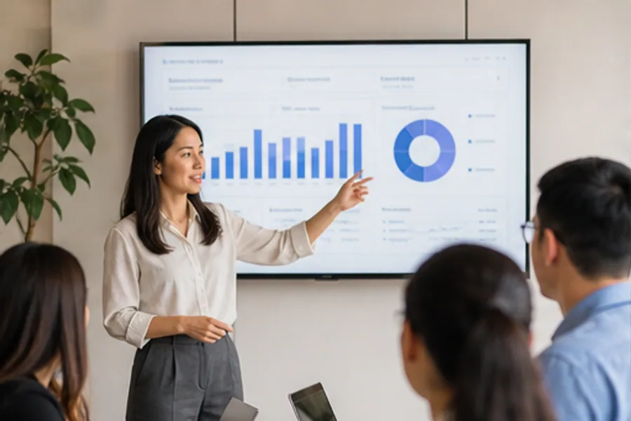A planning meeting with charts on screen