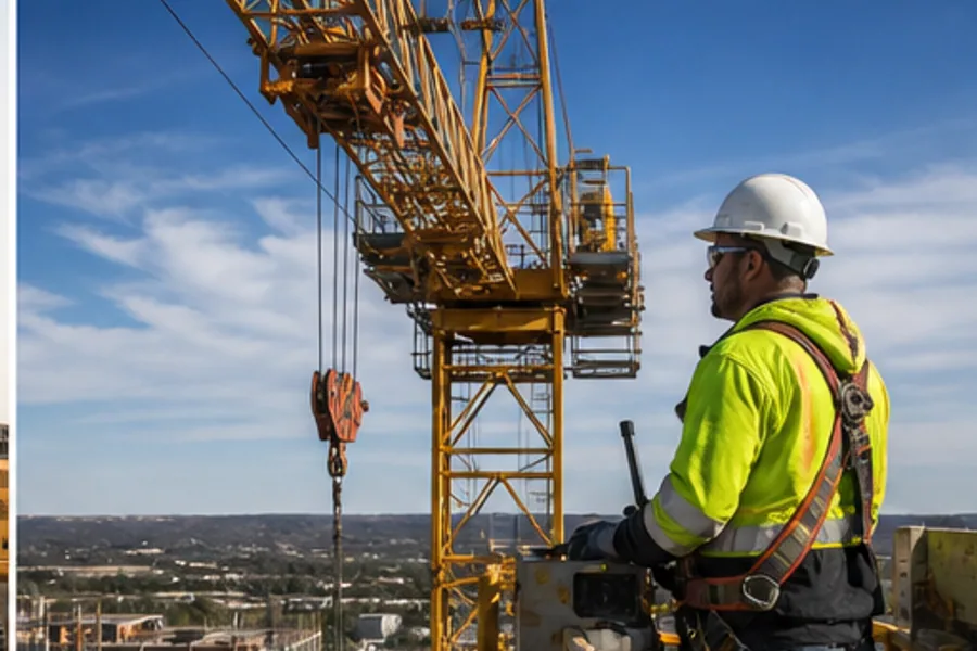 A tower crane against morning sky