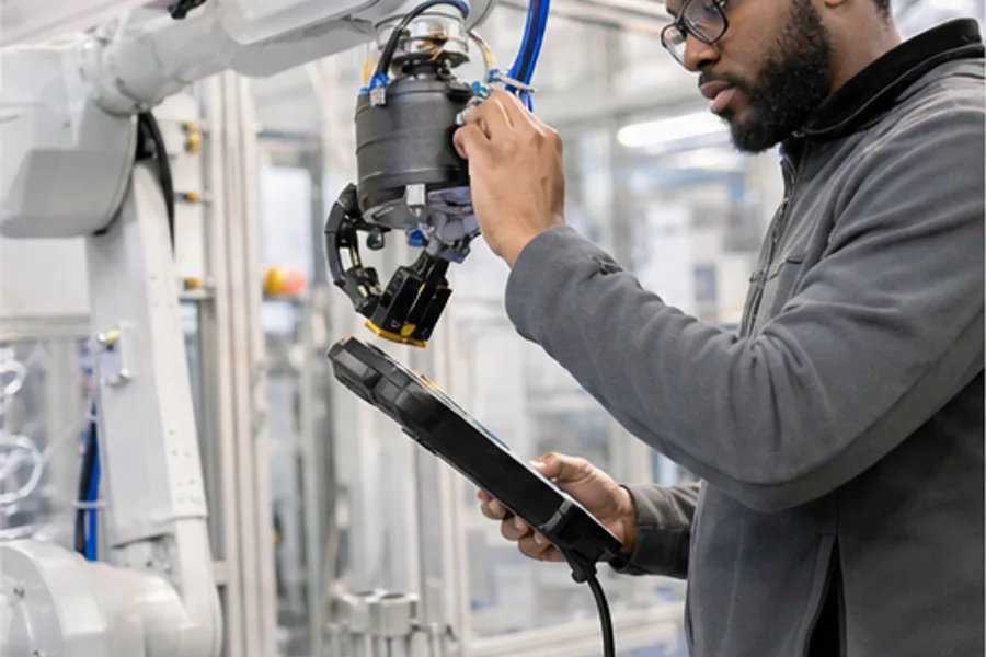 A robot cell mid-cycle