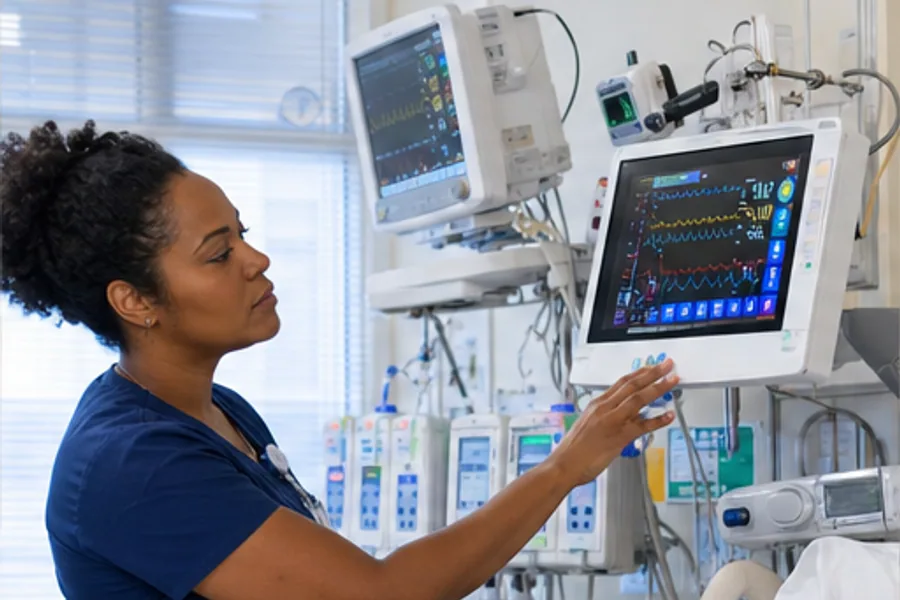 An ICU room with monitoring equipment in soft light
